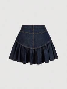 Falda vaquera informal con bolsillos y dobladillo con volantes para niña preadolescente - Azul - Ver 2