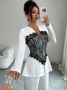 Modelyn Conjunto de traje elegante de mujer con cuello en V, patchwork de color contrastante y encaje, para primavera/verano - Multicolor - View 7