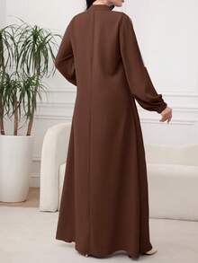 Al Najma Women Spring Autumn Elegant Modest Casual Brown Stand Collar Front Zipper Pocket Lantern Sleeve Flare Hem Big Swing Dress - Coffee Brown - View 2