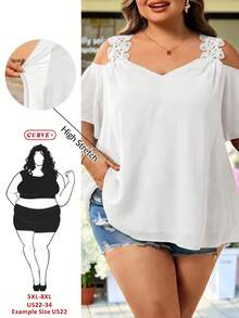 SHEIN CURVE+ Women's Plus Size Summer Vacation Solid Color Off-Shoulder Casual Short Sleeve Shirt Vacation White - White - View 1