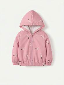 SHEIN Babygirl Cute Casual Pink Floral Pattern Hooded Autumn Winter Jacket - Pink - View 6
