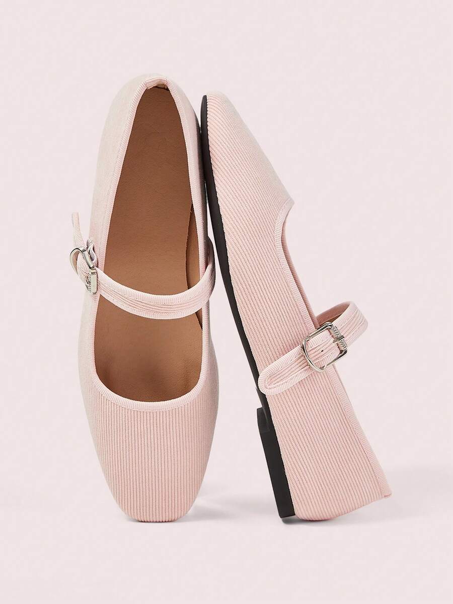 CUCCOO DOLLMOD Women's Shoes, Pink Corduroy Texture, Mary Jane Flats, Breathable Square Toe Head Ballet Shoes - Baby Pink - View 1