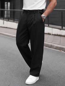 Manfinity CasualCool 男士素色百褶口袋直筒寬鬆休閒百搭長褲 - 黑色 - 查看 2