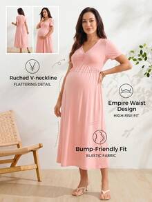 SHEIN 女款休閒V領百褶短袖針織孕婦洋裝 - 粉色 - 查看 9