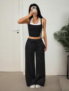 SHEIN PETITE 秋冬休閒百搭純色保暖內裡長褲 - 黑色 - 查看 6