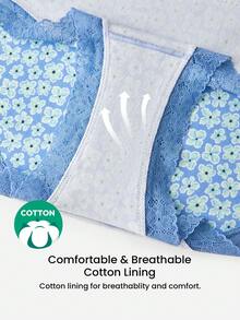 LUVLETTE Plus 3-Pack Lace Trim Cotton High-Waist Briefs Women Underwear Panties Set- Floral Print Lace Trim--Blue - Multicolor - View 10