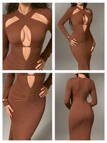 Nuvra Fashionable Sexy Solid Color Hollow Out Bodycon Dress - Brown - View 4