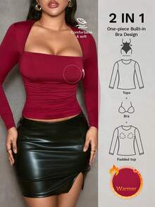 Nuvra Women's Long Sleeve Double-Layer Tummy Control Shapewear Top With Lining, Cinched Waist Body Shaper - Burgundy - View 1