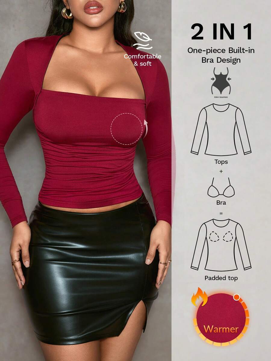 Nuvra Women's Long Sleeve Double-Layer Tummy Control Shapewear Top With Lining, Cinched Waist Body Shaper - Burgundy - View 1
