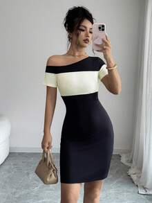 SHEIN Elenzya Women's Asymmetric Shoulder Colorblock Casual Sexy Daily Wear Dress Date Night Night Out Black And White Summer - Multicolor - View 4