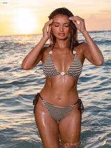 Bonvoyette 女款夏季度假休閒海灘穿著 棕色與白色條紋圖案兩件式比基尼套裝 繫帶掛脖領與珠飾飾邊 優雅泳衣 - 彩色 - 查看 3