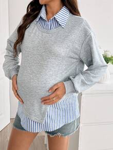 SHEIN Maternity Minimalist 1960s Casual Versatile Striped Patchwork 2 In 1 Sweatshirt Baby Blue Autumn All-Match Cute Chic Going Out Winter - Light Grey - View 3