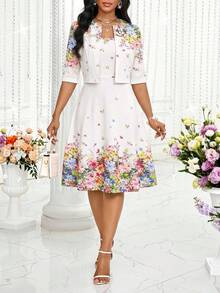 SHEIN Lady 大码优雅印花露脐上衣和连衣裙两件套 - 彩色 - 查看 1