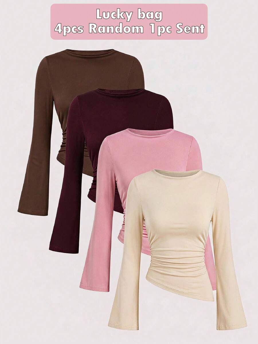 Teen Girl Solid Color Bell Sleeve Asymmetric Hem Ruched T-Shirt - Burgundy - View 1
