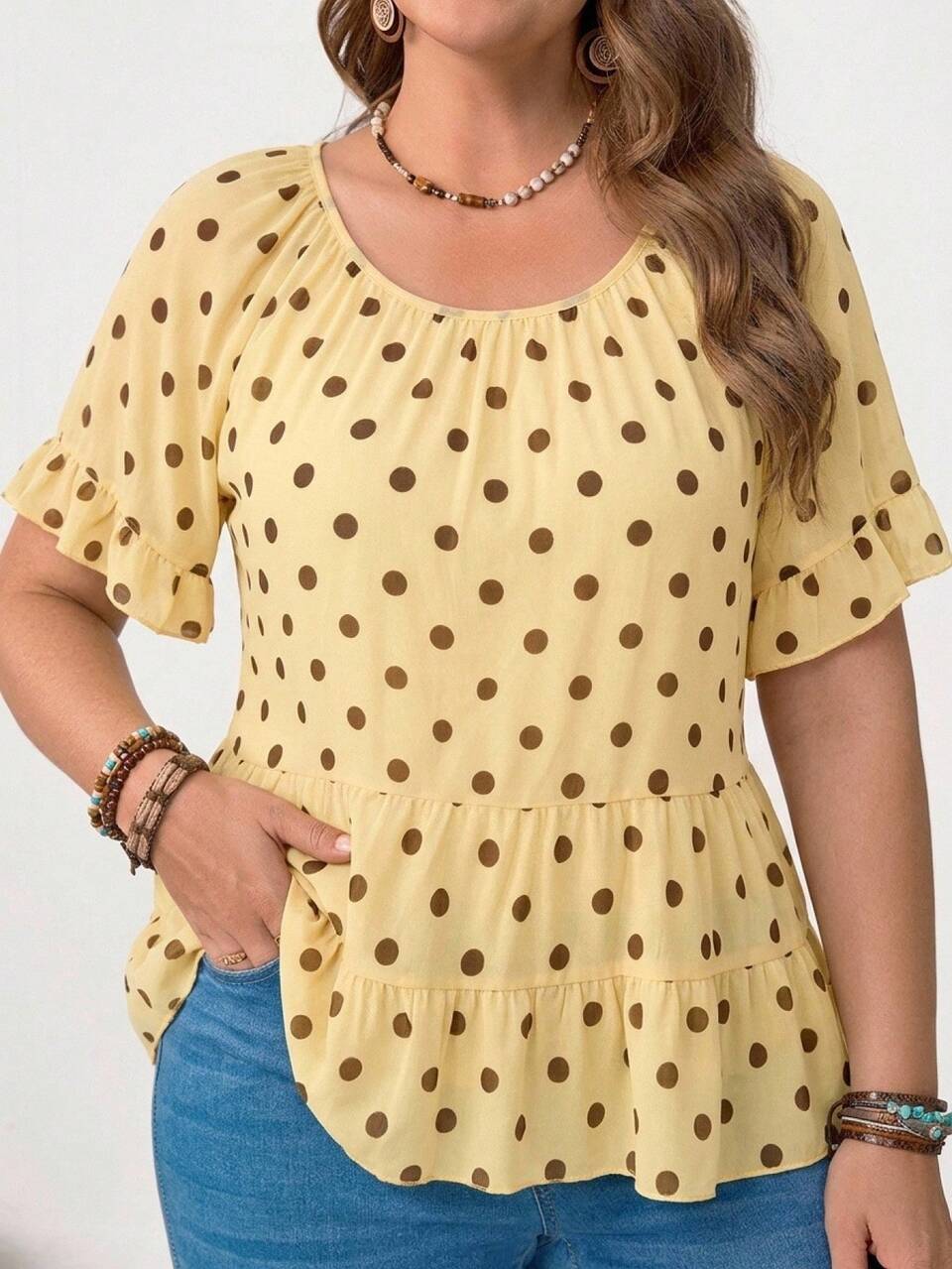 Plus Size Women Summer Casual Vacation Polka Dot Yellow Short Sleeve Ruffle Hem Tunic Top,Country,Ruffle,Daily Wear Formal,Back To School,Fall,Autumn