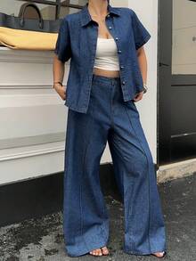 Dazy Plus Conjunto de traje de mezclilla de talla grande para mujer para primavera/verano: chaqueta de mezclilla de manga corta con cuello vuelto y pantalones anchos de pierna ancha de mezclilla - Azul lavado oscuro - Ver 7