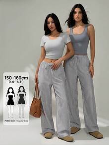 SHEIN PETITE 娇小女士粉色和白色休闲家居条纹长裤适合春夏季 - 彩色 - 查看 2
