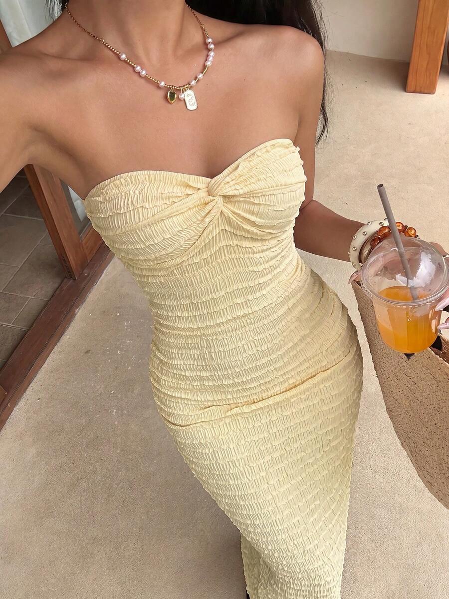 Sunnyshic Women's Spring/Summer Yellow Vacation Style Textured Bandeau Waist-Cinched Fitted Mermaid Dress - Light Yellow - View 1