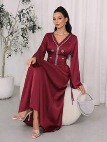 Al Najma Women's Elegant Long Sleeve Arabic Style Dress With Rhinestone Decoration - Burgundy - View 6