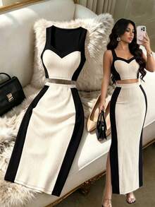 SHEIN Elenzya Women's Colorblock Top And Skirt Casual Everyday Set - Apricot - View 5