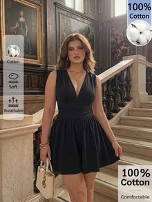 SHEIN MOD Jumpsuit Kasual Serbaguna Ukuran Besar Leher V Pinggang Pendek Kaki Lebar Warna Hitam Polos 95% Katun - Hitam - View 2
