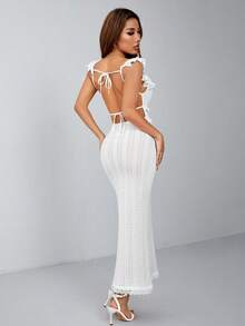 SHEIN PETITE Party Vacation White Hollow Crocheted Textured Ruffled Cap Sleeves Straps Back Elegant Sexy Long Fishtail Dress Graduation Petite Women Wedding Summer - White - View 2