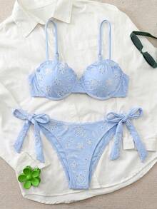 SHEIN Swim Chicsea 26SS 春夏优雅纹理面料钢圈比基尼套装，蓝色刺绣，2件套 - 藍色 - 查看 4