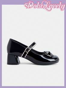 Dola Lovely Zapatos Mary Jane para mujer en negro y rosa con hechizo, punta redonda, lazo, hebilla de encaje, estilo dulce y fresco, tacones altos. - Charol negro - Ver 5