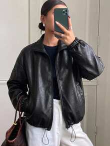 Dazy-Less 女款寬鬆休閒街頭戶外機車夾克，黑色PU皮革翻領上衣，秋冬款 - 黑色 - 查看 3