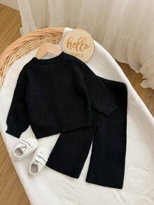 SHEIN Baby Girl Solid Color V-Neck Long Sleeve Top And Pants Casual Daily Knit Set - Black - View 3