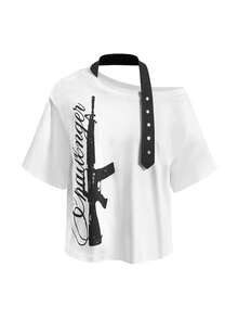 ROMWE Grunge Punk Women's Loose White Colorblock Halter Neck Graphic Tee With Metal Decor, Asymmetric Shoulder Y2K Style - White - View 1