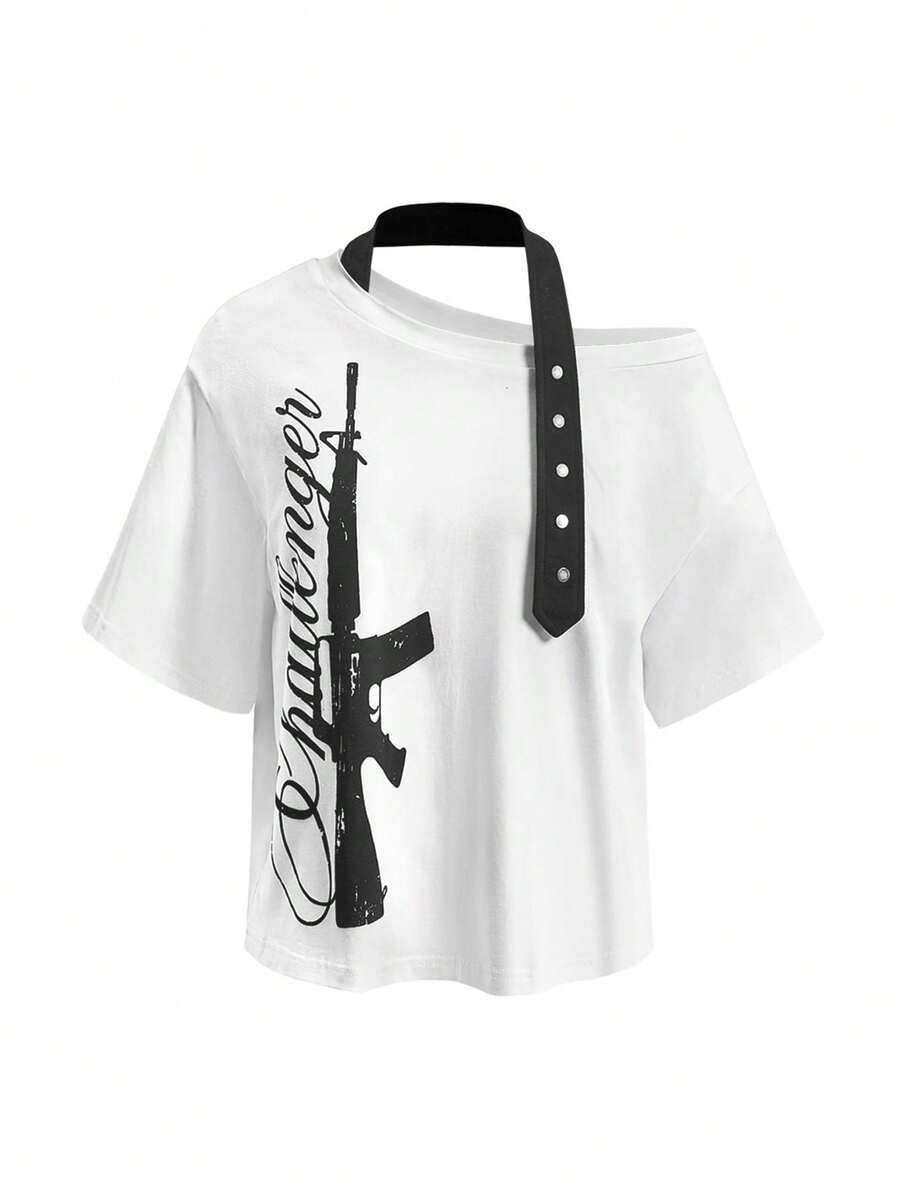 ROMWE Grunge Punk Women's Loose White Colorblock Halter Neck Graphic Tee With Metal Decor, Asymmetric Shoulder Y2K Style - White - View 1