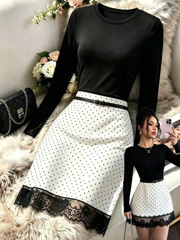 Franclia Women's Round Neck Polka Dot Colorblock Casual Daily Summer Mini Dress