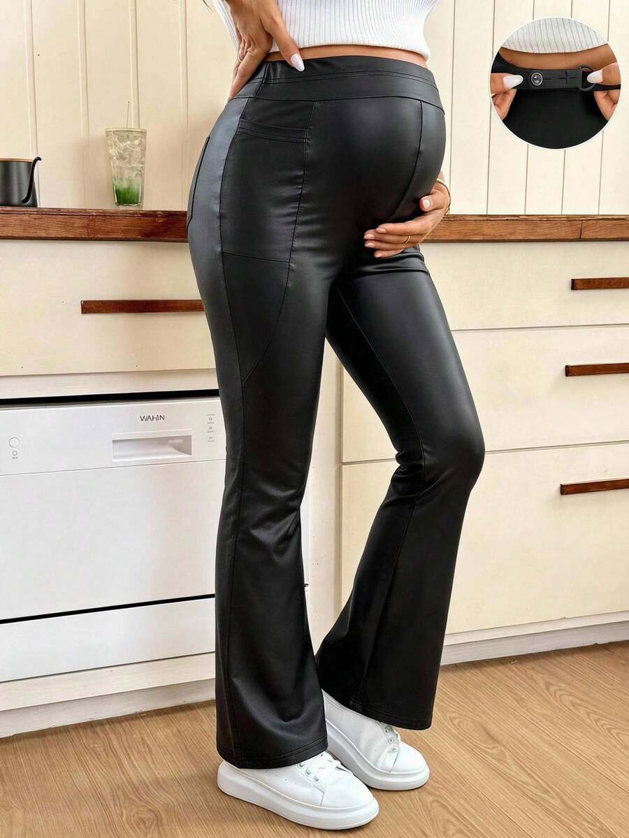 SHEIN بنطال حوامل بلون موحد من جلد PU بخصر قابل للتعديل وتصميم مطوي واسع - الأسود - مشاهدة 1