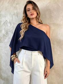 Elegantrix Women's Plus Size Spring Summer Autumn Minimalist Elegant French Style Commute Date Asymmetric Hem Waist-Cinching Asymmetric Neck Cape Top - Royal Blue - View 1