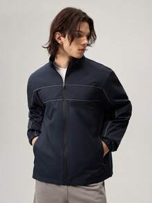 Men's Navy Blue Woven Fabric Long Sleeve Regular Length Jacket With Striped Detail - Navy Blue - View 4