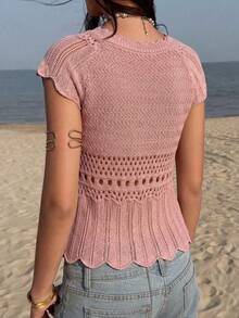 Gaivellea Women's Minimalist French Romantic Paris Solid Color Knit Top Vacation Dusty Pink Summer Brunch Tea Party - Pink - View 2