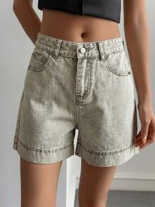 Livesso Summer Autumn June Festival High Waist Solid Light Gray Washed Cotton Casual Loose Fit Women's Denim Shorts - Light Grey - View 5