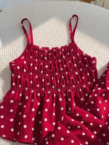 SHEIN 女童圓點編織細肩帶上衣與長褲兩件套 - 紅色 - 查看 7