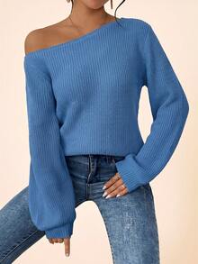 Coeurva Women's Minimalist Versatile Solid Color Asymmetrical Shoulder Pullover Sweater - Blue - View 3