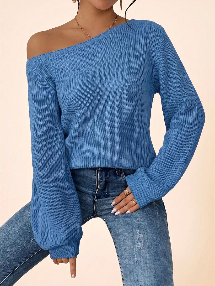 Coeurva Women's Minimalist Casual Versatile Solid Color Asymmetrical Shoulder Pullover Sweater Brunch Everyday Cornflower Blue Autumn - Blue - View 1
