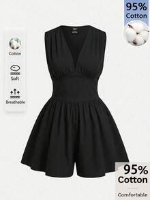 SHEIN MOD Jumpsuit Kasual Serbaguna Ukuran Besar Leher V Pinggang Pendek Kaki Lebar Warna Hitam Polos 95% Katun - Hitam - View 4