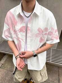 Manfinity Roghcode Men's Boxy Silhouette Pink Blossom All Over Print Short Sleeve Shirt,  Ideal For Tropical Trips, Backyard Gatherings, Leisure Time, For Adults, Teen - Multicolor - View 1