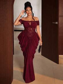 Maweii Plus Size Burgundy Off Shoulder Lace Dress With Hollow Bow Design And Pleated Gown - Red - View 5