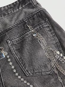 ROMWE Women's Distressed Washed Chain Badge Print Wide Leg Jeans - Black - View 4