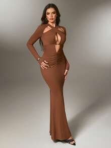 Nuvra Fashionable Sexy Solid Color Hollow Out Bodycon Dress - Brown - View 7