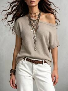 SHEIN Casual Elegant Women's Loose Asymmetric Neck Top - Khaki - View 6