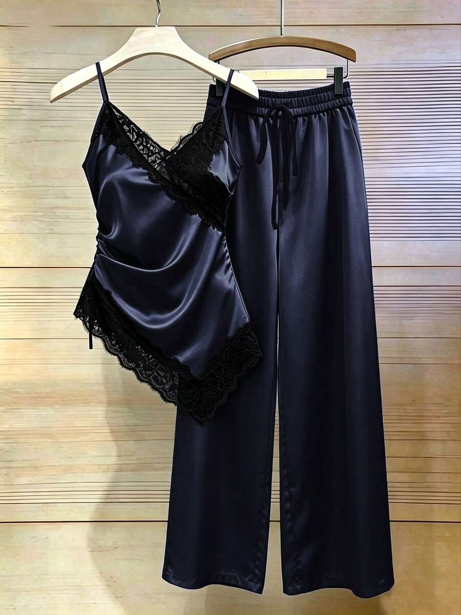 Franclia Women's Romantic Satin Glossy Sexy Navy Blue Camisole Lace Asymmetric Shirt Tank Top Party Night Out Lounge Vacation Beach Summer 2-Piece Set - Royal Blue - View 1