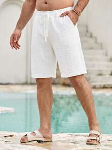 Mercer Haus Plus Size Men's Summer Casual Beach Vacation Drawstring Waist Pocketed Textured Shorts - White - View 3