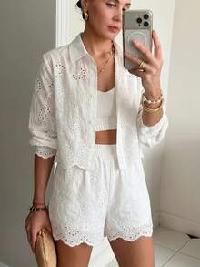 SHEIN Frenchy Elegant Two-Piece Set For Women's Vacation Wear: Embroidered, Openwork, Single-Breasted White Shirt And Shorts,White Shirt,Going Out Outfits - White - View 7
